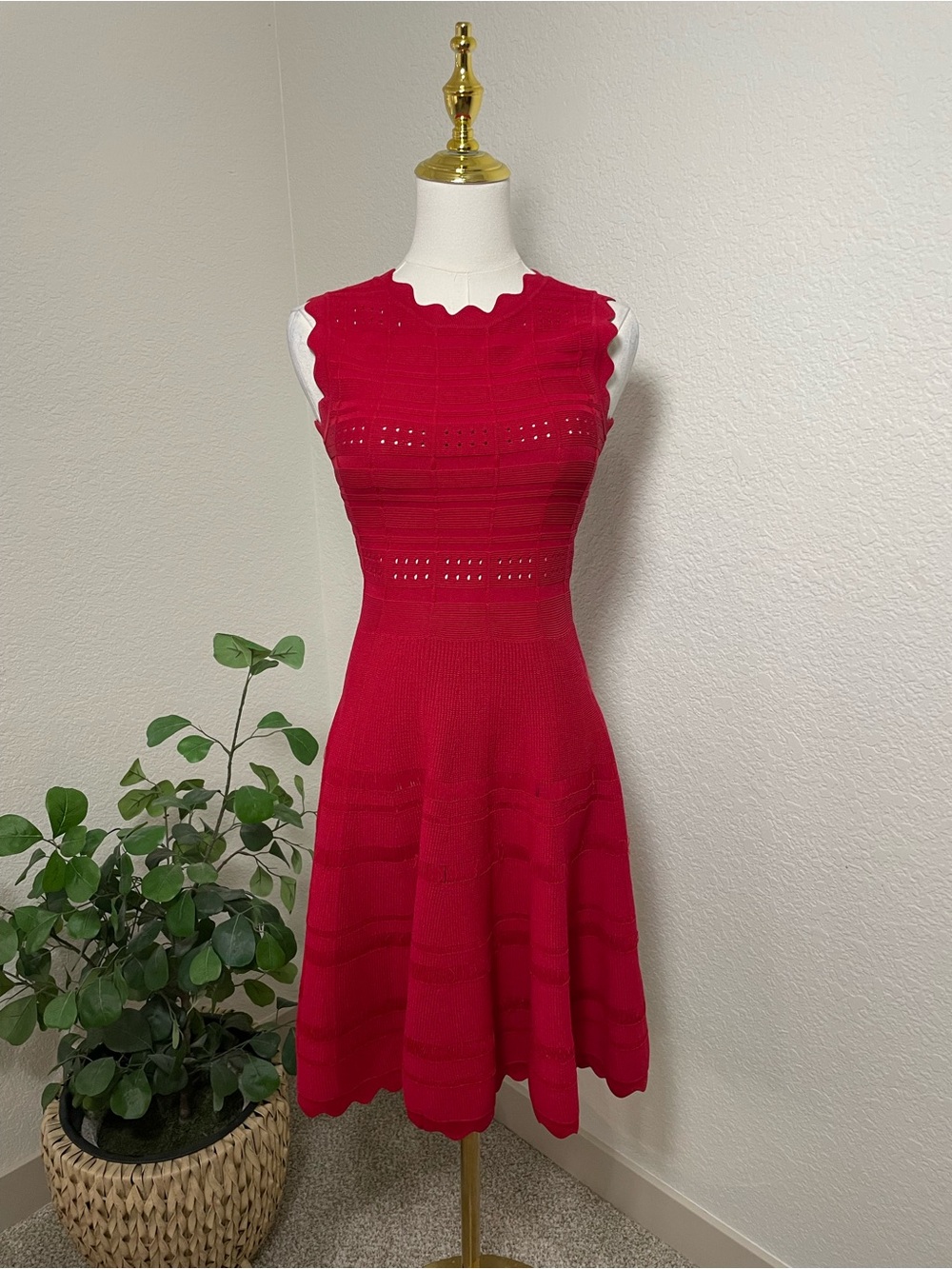 Yigal Azrouël Scalloped Knit Fit & Flare Dress | Red Designer Dress